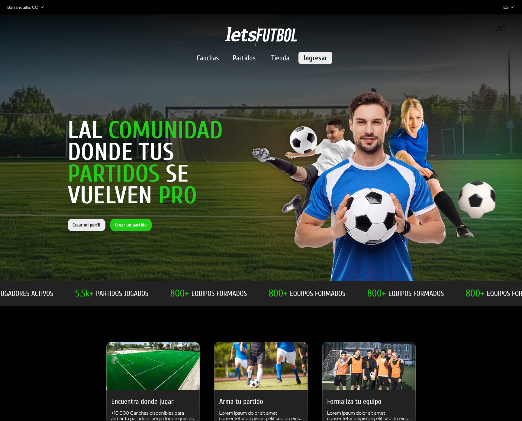 Landing page de uma comunidade de futebol amador, com hero dinâmico e métricas da plataforma.