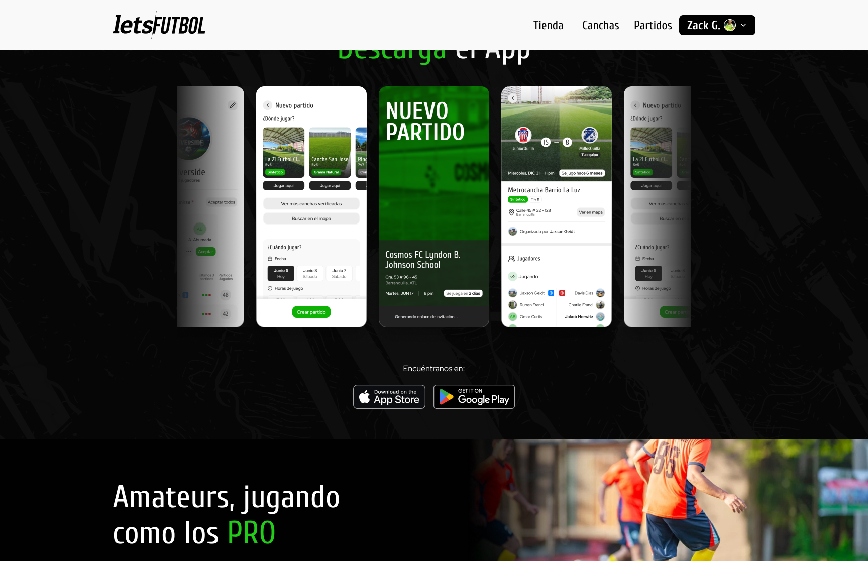Seção de download do app com mockups do fluxo de criação de partidas.