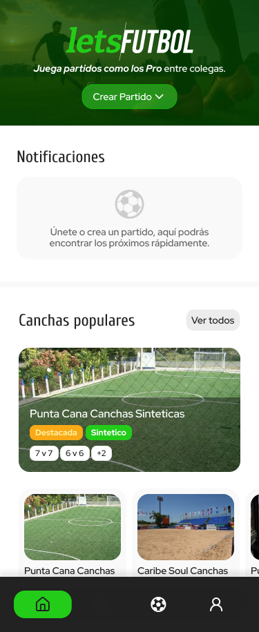 Home do app com notificações e campos populares para reservar.