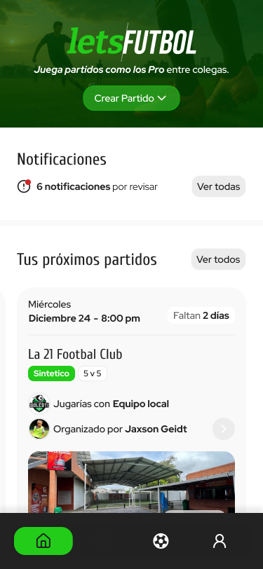 Lista de próximas partidas com notificações e detalhes da equipe.