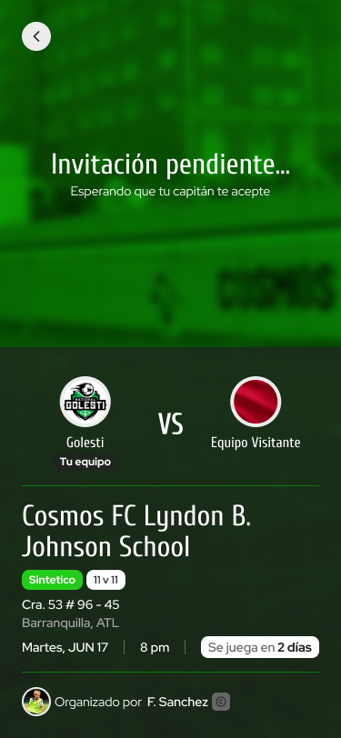 Tela de espera enquanto o capitão da equipe confirma o convite.
