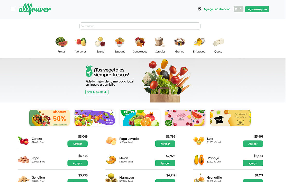 Home de um marketplace de frutas e verduras frescas com entrega.