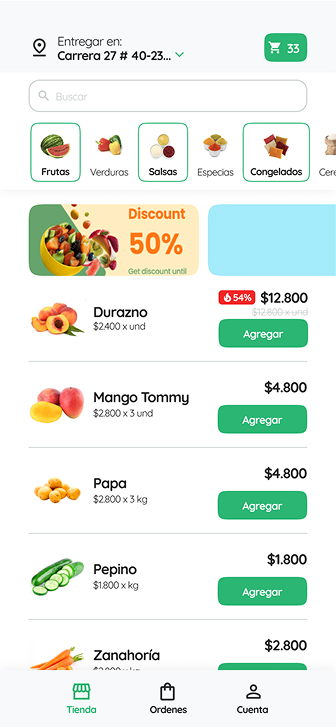 Versão mobile da loja com categorias, descontos e catálogo de produtos.