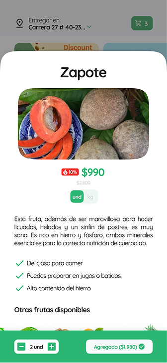 Página de produto com descrição nutricional e seletor de tamanho.