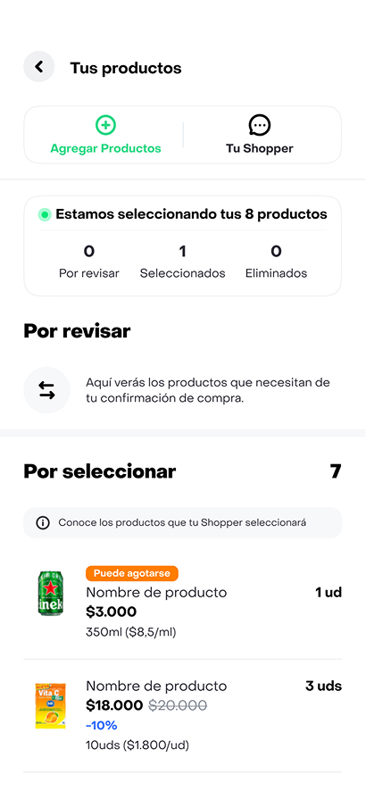 Painel de acompanhamento dos produtos selecionados pelo shopper durante a compra.