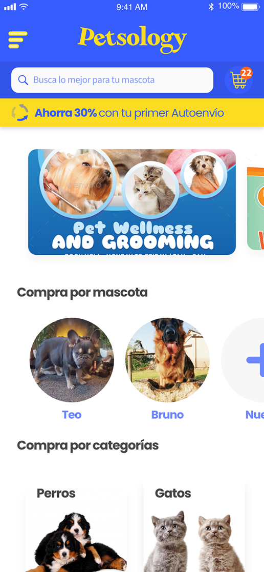 Home da loja com seções de grooming e compra por pet ou categoria.