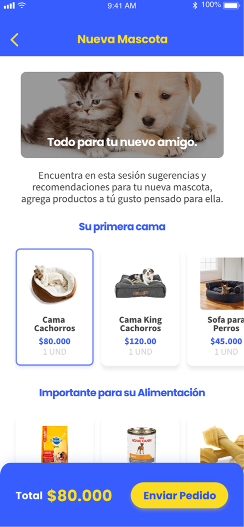 Fluxo de boas-vindas para configurar os produtos de um pet recém-adotado.