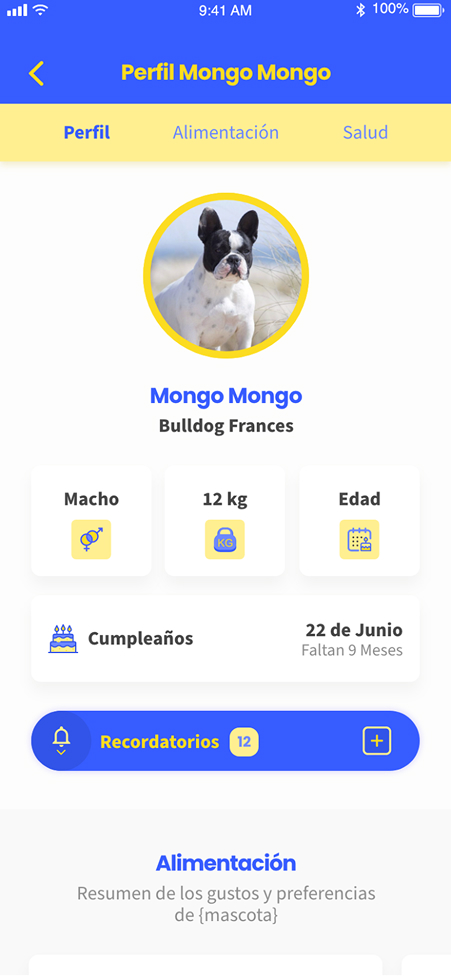 Perfil do pet com dados básicos, aniversário e lembretes.