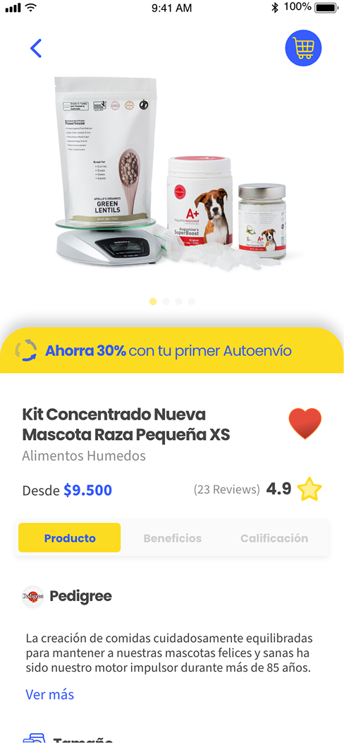 Página de produto com kit de alimentos e opção de envio automático.