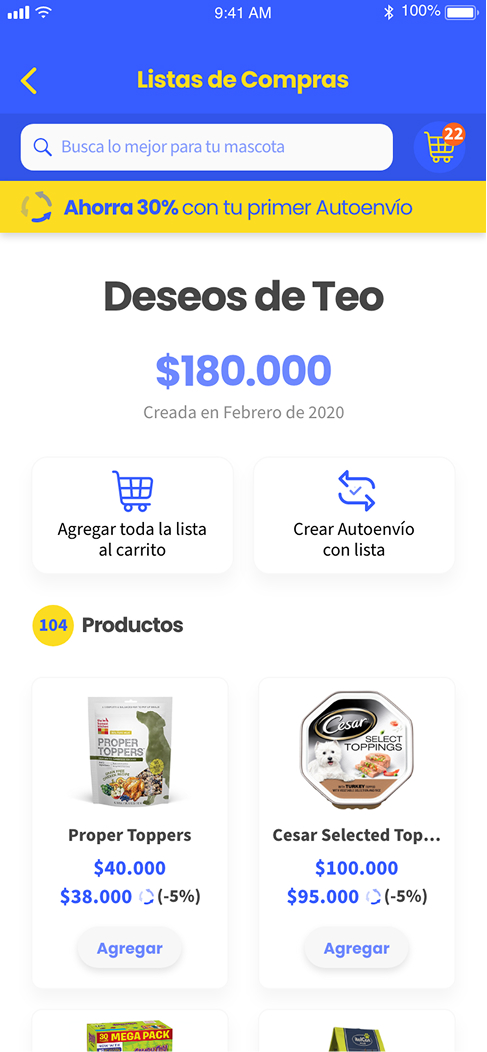 Lista de compras salva com produtos recorrentes para um pet.