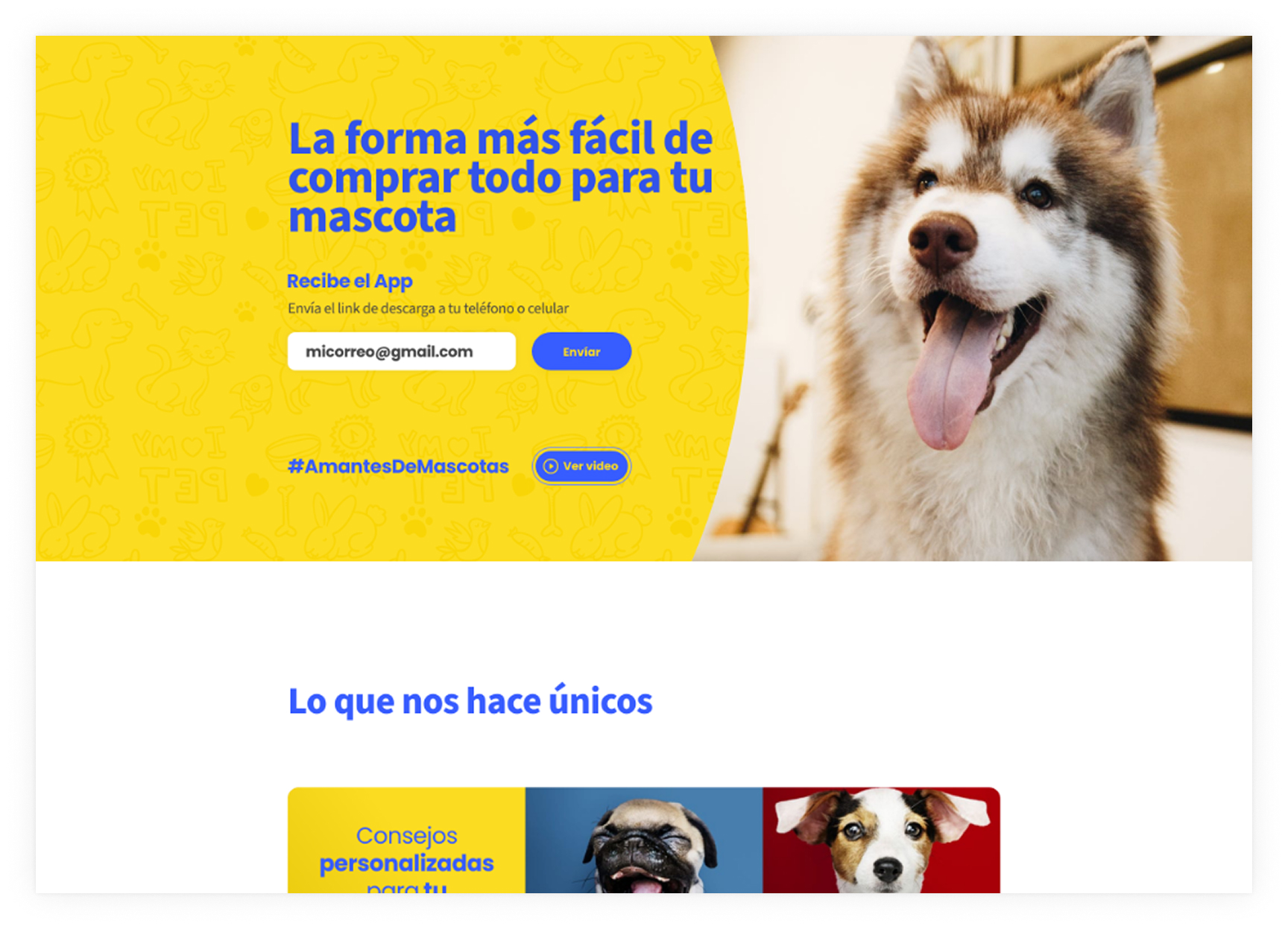 Landing page de um e-commerce de produtos para pets com cadastro por e-mail.