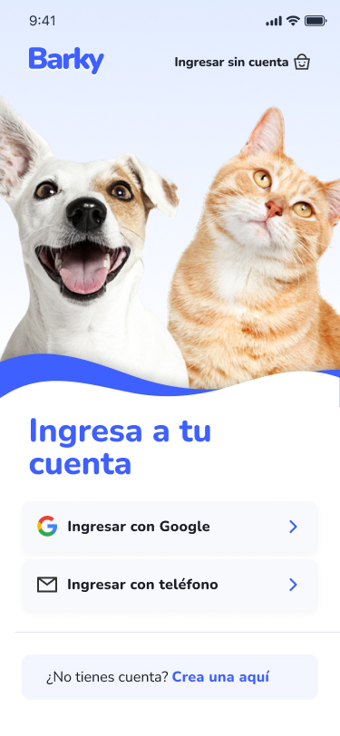 Tela de login do Barky, um marketplace de produtos para pets.