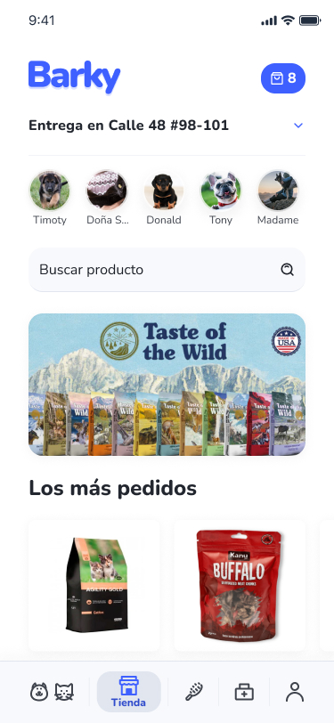 Home com perfis de pets salvos e produtos mais pedidos.