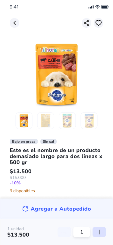 Página de produto de alimento para pets com galeria e estoque disponível.