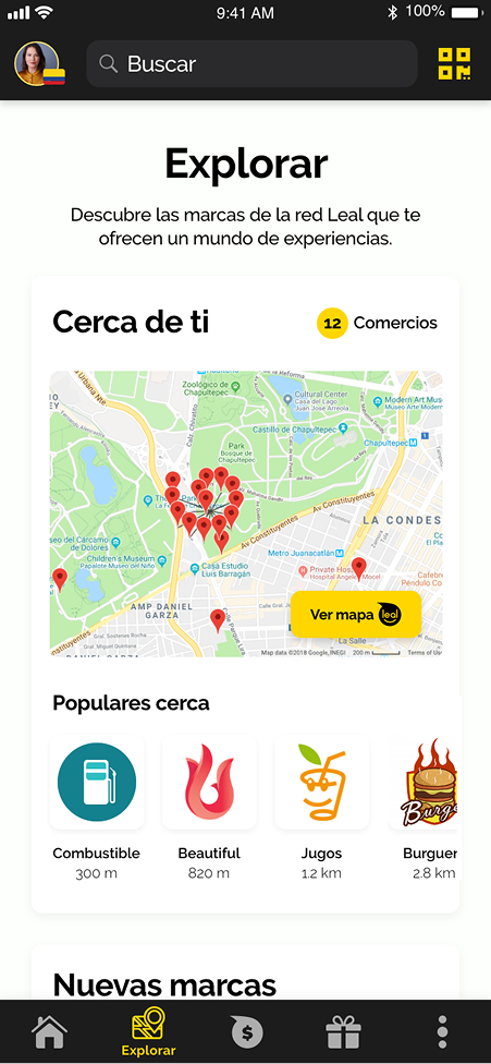 Mapa de estabelecimentos parceiros próximos e categorias populares para explorar.