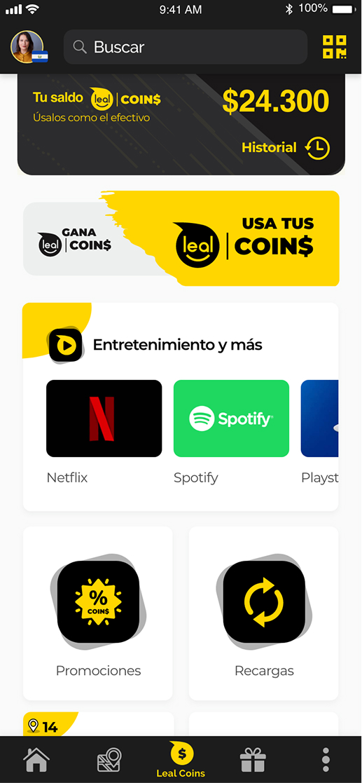 Home com o saldo de Leal Coins e acesso a streaming, promoções e recargas.