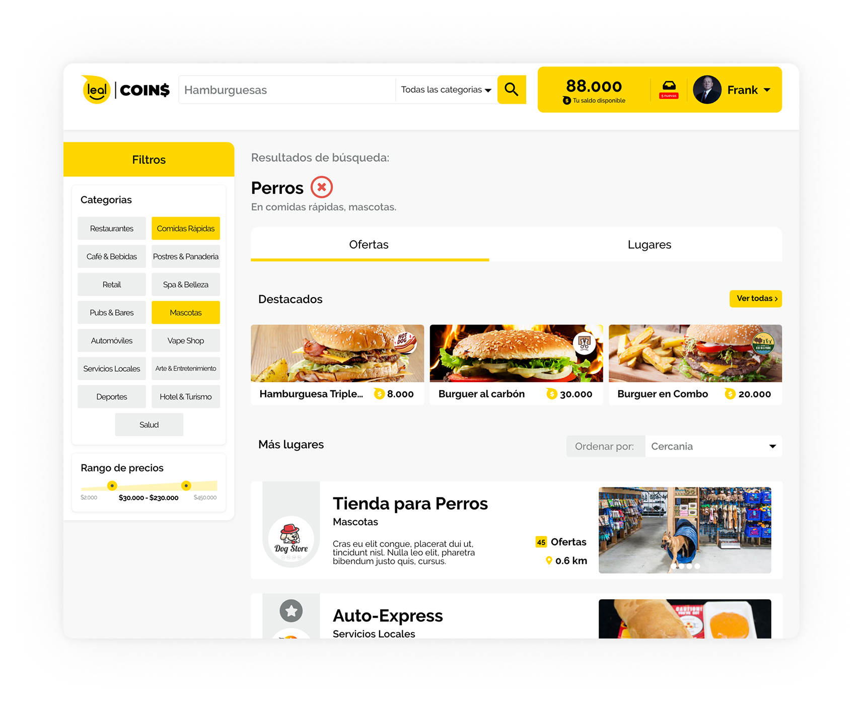 Buscador de ofertas resgatáveis com Leal Coins filtrado por categoria.