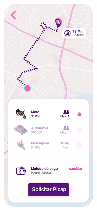 Seletor de rota com tipos de serviço e forma de pagamento.