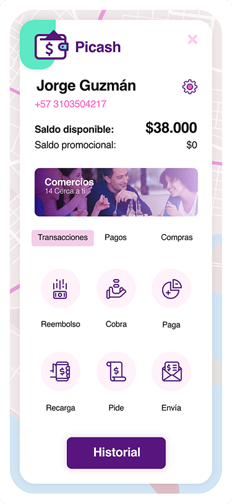 Carteira digital Picash com saldo disponível e acessos rápidos.