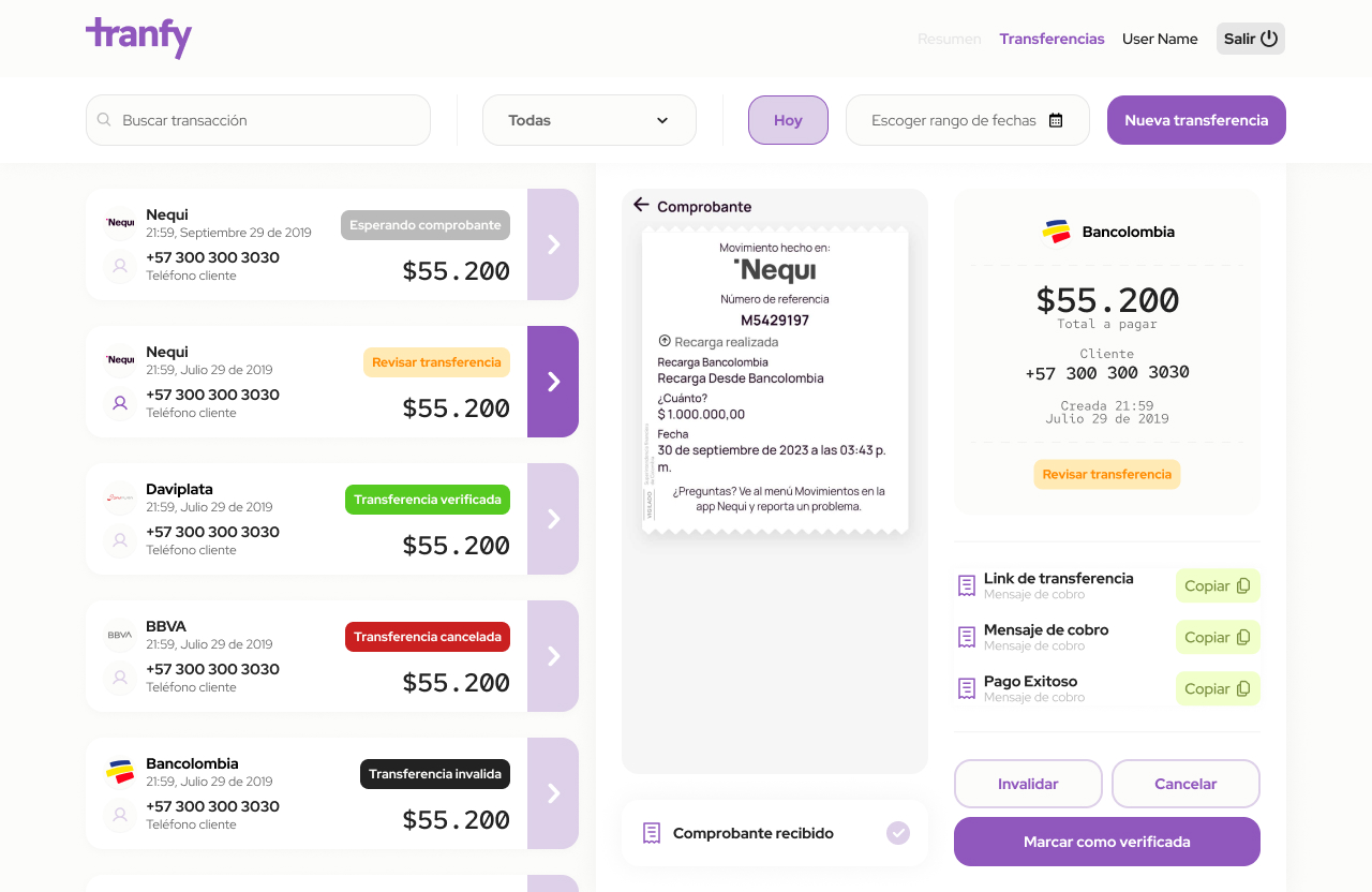 Dashboard de transferências com status de comprovantes a revisar.