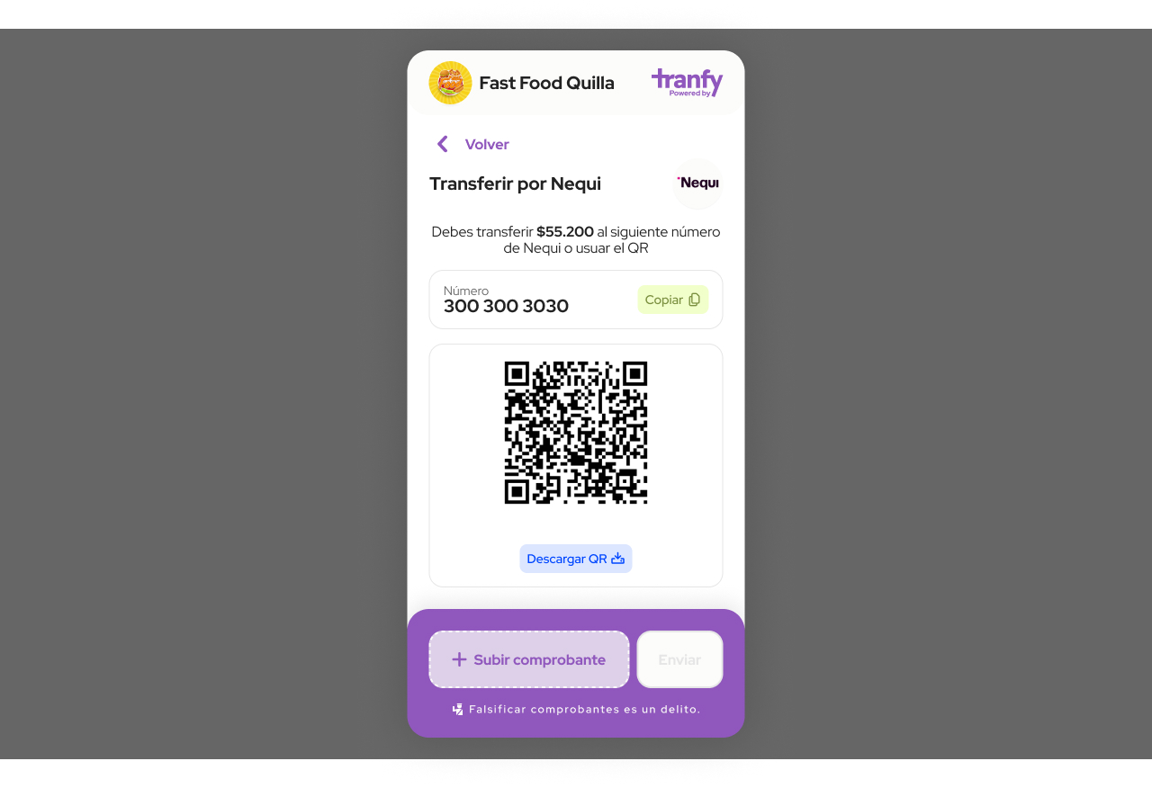 Modal para transferir e enviar o comprovante de pagamento pelo celular.