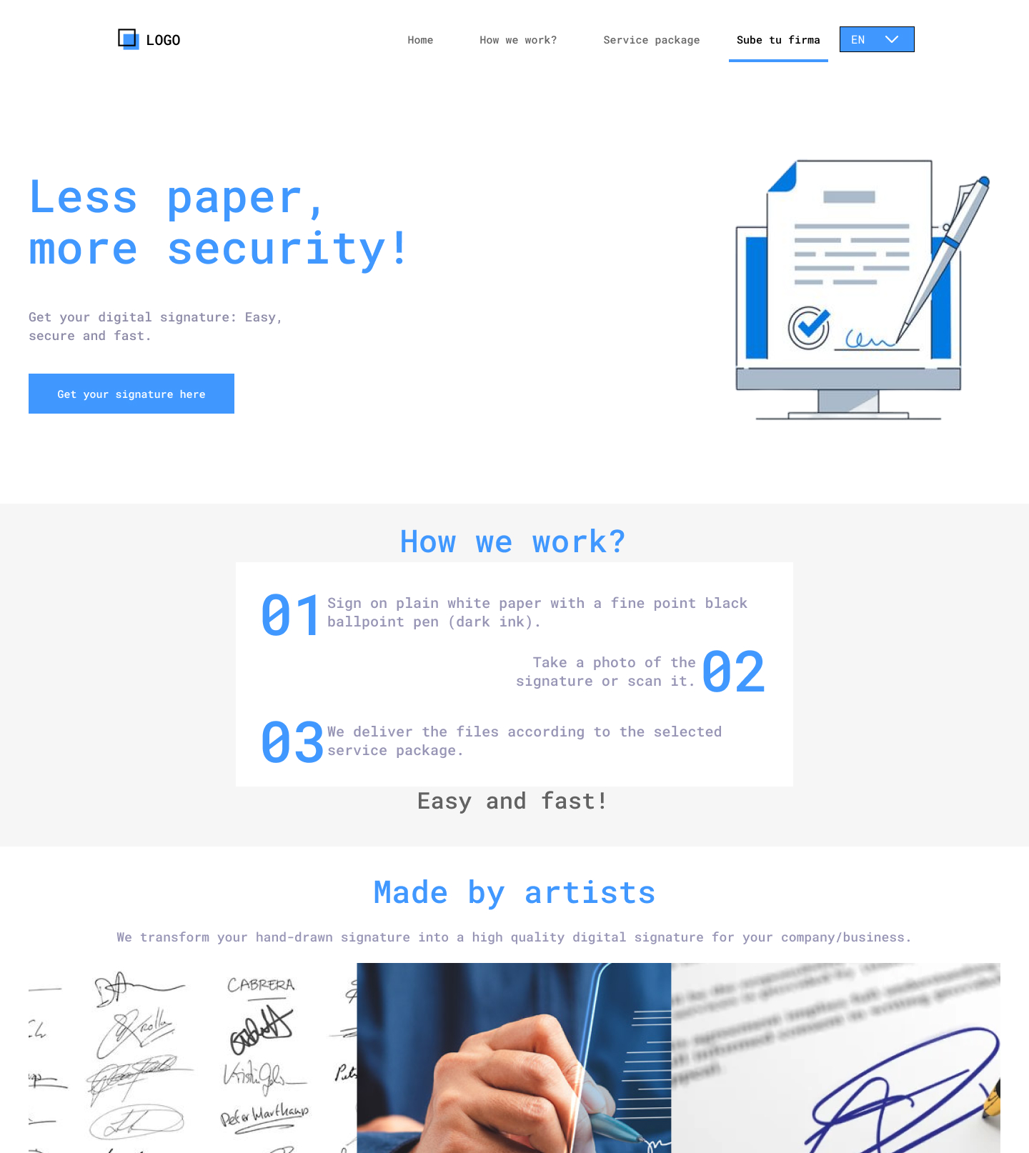 Landing page de uma plataforma de assinatura digital para eliminar o papel.
