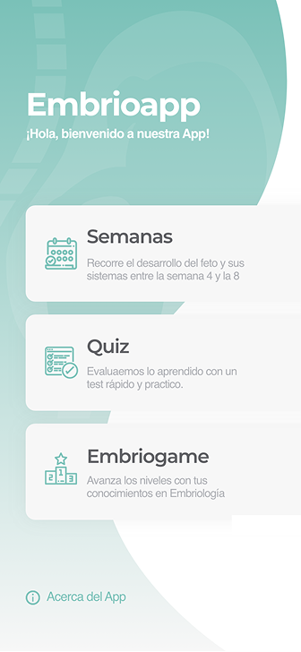 Onboarding de um app educativo de embriologia com semanas, quiz e níveis.