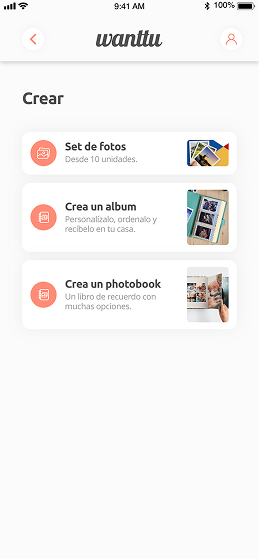Seletor de formatos para criar sets, álbuns ou photobooks personalizados.